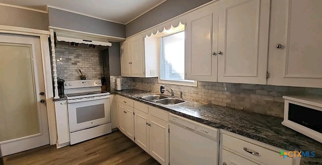 kitchen with sink, white appliances, white cabinetry, ventilation hood, and dark hardwood / wood-style flooring