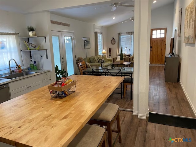 747 Oasis St, New Braunfels, TX 78130 - dining space featuring dark wood finished floors, a ceiling fan, vaulted ceiling, french doors, and baseboards