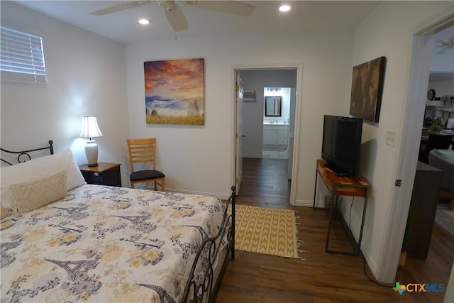 747 Oasis St, New Braunfels, TX 78130 - bedroom with wood finished floors, recessed lighting, connected bathroom, baseboards, and ceiling fan