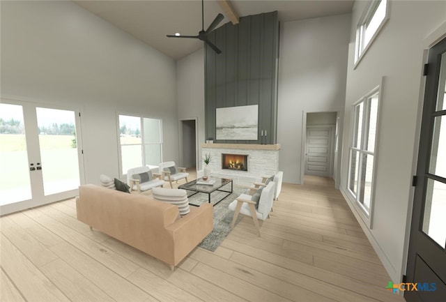 living room with beam ceiling, ceiling fan, high vaulted ceiling, light hardwood / wood-style floors, and a fireplace