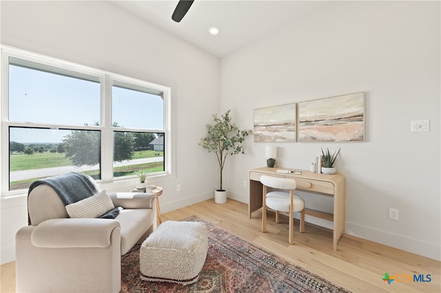 office area featuring light wood-type flooring, plenty of natural light, and ceiling fan