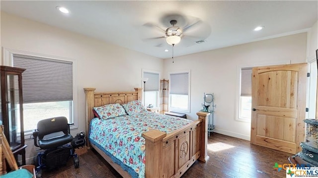 158 Sendera Loop, Victoria, TX 77904 - bedroom with dark wood finished floors, baseboards, a ceiling fan, and recessed lighting