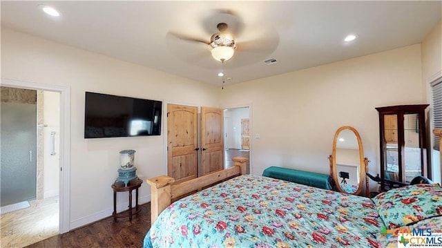 158 Sendera Loop, Victoria, TX 77904 - bedroom with wood finished floors, baseboards, recessed lighting, and ceiling fan