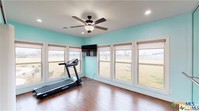 158 Sendera Loop, Victoria, TX 77904 - exercise area featuring ceiling fan, healthy amount of natural light, baseboards, wood finished floors, and recessed lighting