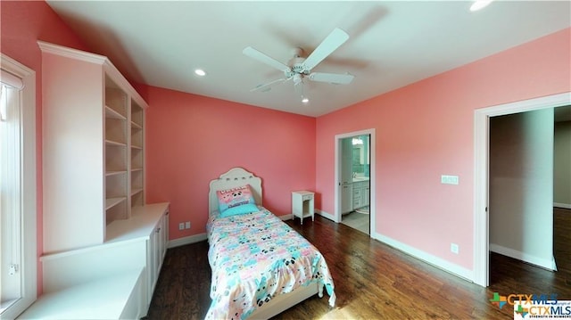 158 Sendera Loop, Victoria, TX 77904 - bedroom featuring recessed lighting, baseboards, dark wood-style floors, connected bathroom, and a ceiling fan