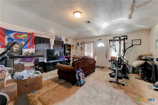 interior space with a textured ceiling and carpet floors