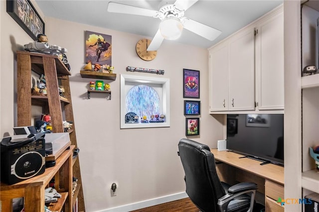 home office featuring a ceiling fan, dark wood-style flooring, and baseboards