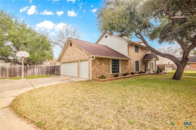 view of property exterior with concrete driveway, brick siding, an attached garage, and fence