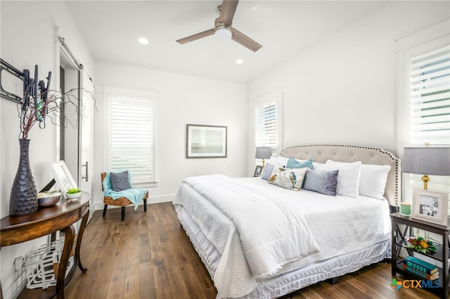 bedroom featuring recessed lighting, baseboards, wood-type flooring, and a ceiling fan