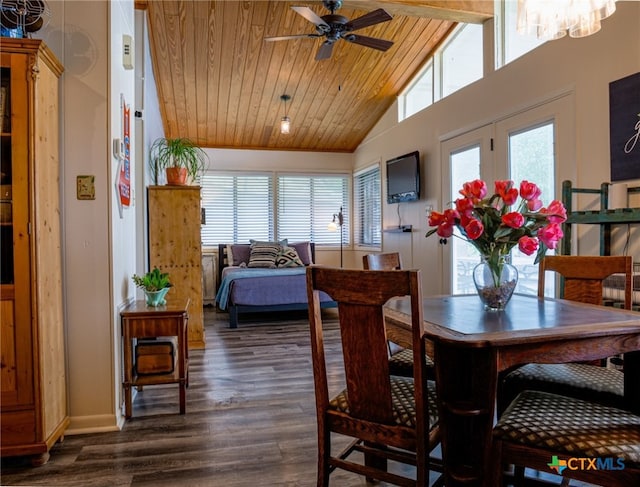 dining room with wooden ceiling, ceiling fan, dark hardwood / wood-style floors, and vaulted ceiling