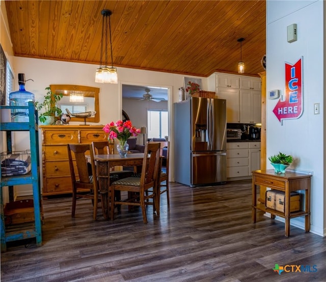 dining room featuring ceiling fan, wooden ceiling, and dark hardwood / wood-style floors