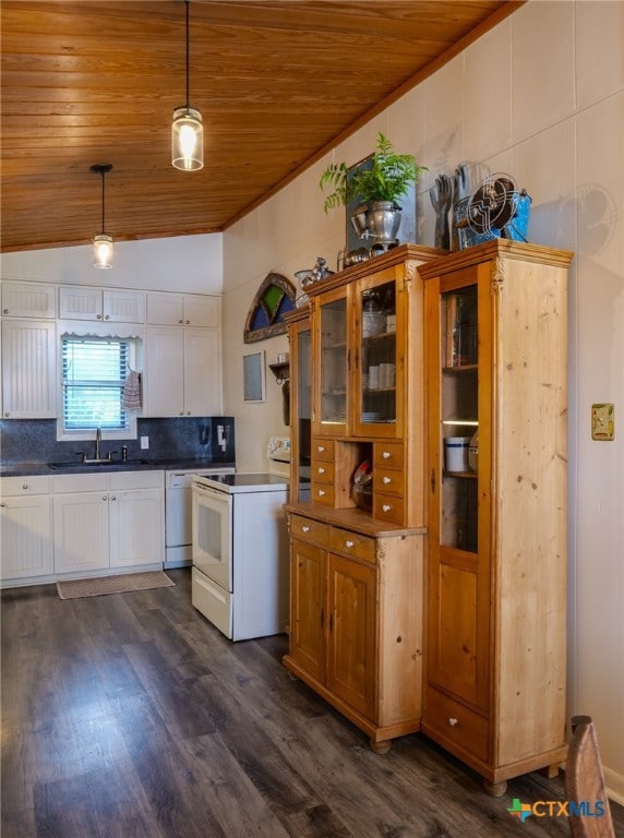 kitchen featuring dark hardwood / wood-style flooring, lofted ceiling, wooden ceiling, white appliances, and decorative light fixtures