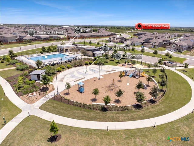 327 Steele Way, Cibolo, TX 78108 - aerial perspective of suburban area featuring a pool area