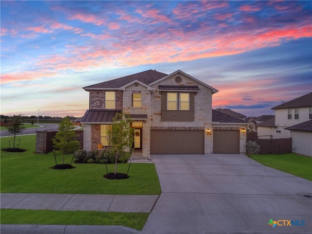 327 Steele Way, Cibolo, TX 78108 - traditional home with driveway, brick siding, a garage, stone siding, and a standing seam roof