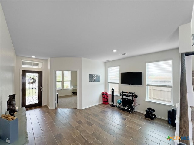 327 Steele Way, Cibolo, TX 78108 - entrance foyer featuring baseboards, dark wood-style floors, and recessed lighting
