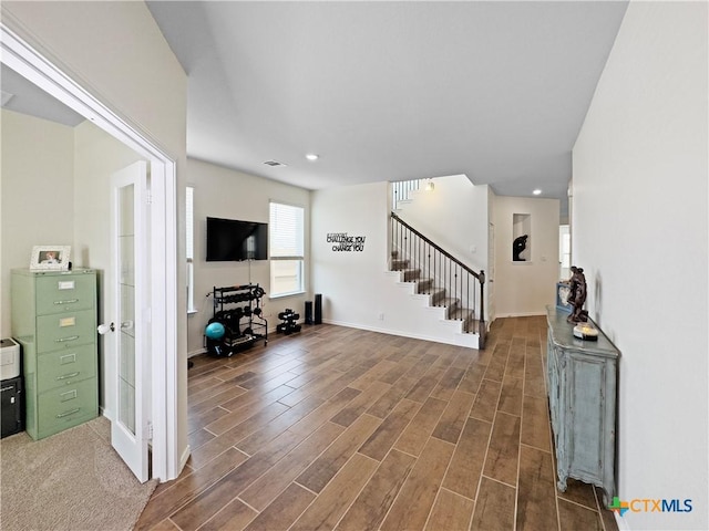 327 Steele Way, Cibolo, TX 78108 - foyer featuring stairs, wood finished floors, baseboards, and recessed lighting