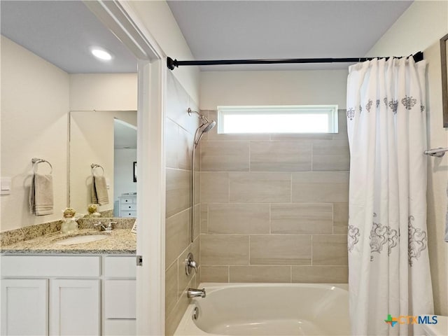 327 Steele Way, Cibolo, TX 78108 - bathroom featuring shower / bathtub combination with curtain and vanity