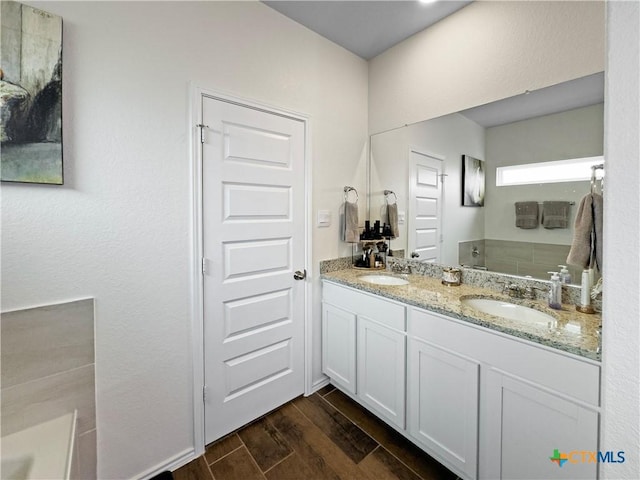 327 Steele Way, Cibolo, TX 78108 - full bathroom with wood finished floors and double vanity