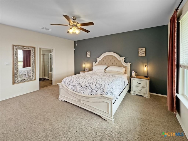327 Steele Way, Cibolo, TX 78108 - bedroom featuring carpet floors, ceiling fan, baseboards, and connected bathroom