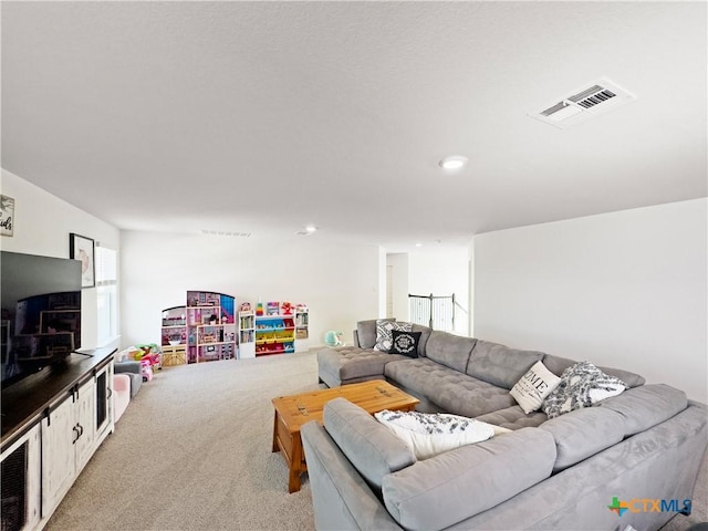 327 Steele Way, Cibolo, TX 78108 - living room featuring light carpet and recessed lighting