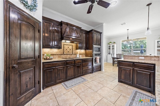 965 Ridgeoak Dr, Belton, TX 76513 - kitchen with stainless steel appliances, a ceiling fan, ornamental molding, backsplash, and decorative light fixtures