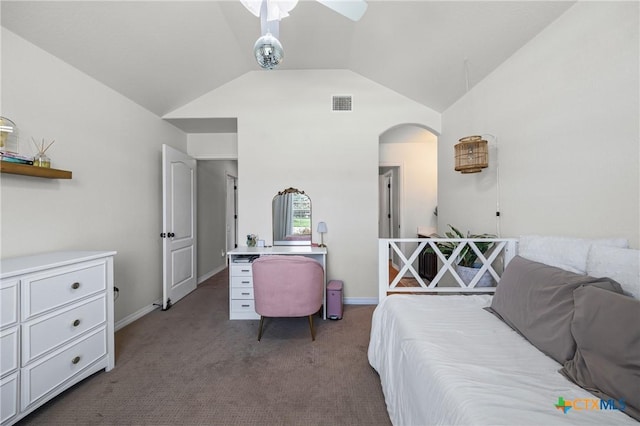 965 Ridgeoak Dr, Belton, TX 76513 - bedroom with arched walkways, lofted ceiling, carpet, and ceiling fan
