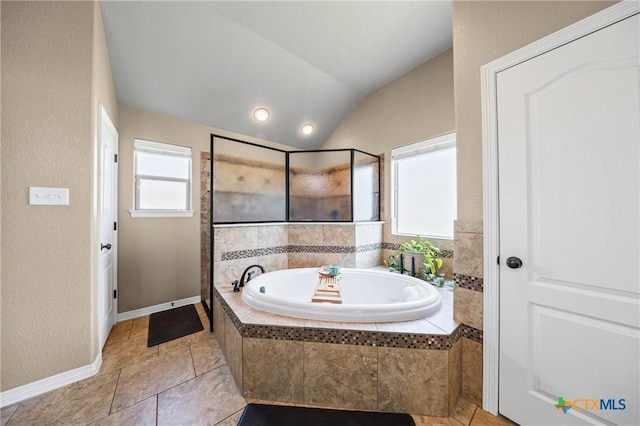 965 Ridgeoak Dr, Belton, TX 76513 - full bathroom with a bath, a stall shower, tile patterned floors, and lofted ceiling