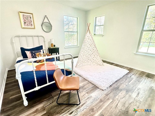 bedroom with multiple windows and hardwood / wood-style floors