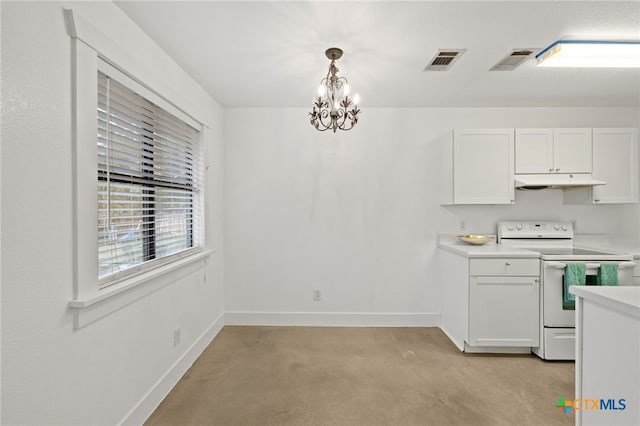 kitchen with a notable chandelier, decorative light fixtures, white cabinetry, and white electric stove