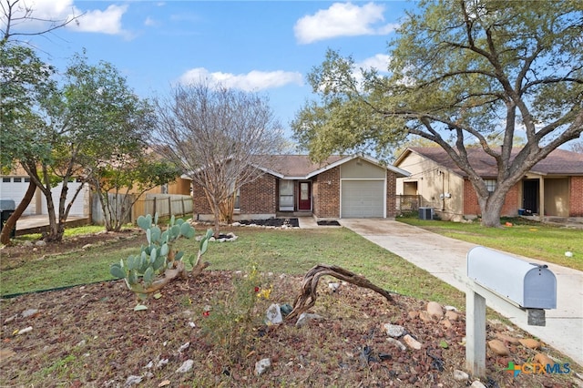 single story home with cooling unit, a front yard, and a garage