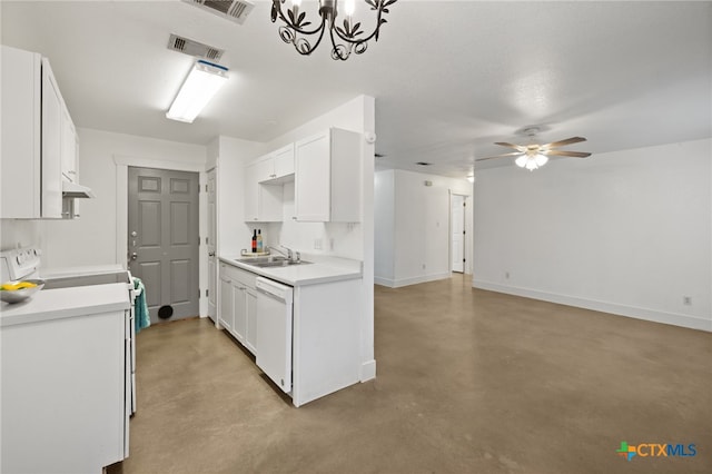 kitchen featuring white dishwasher, ceiling fan with notable chandelier, white cabinets, sink, and range