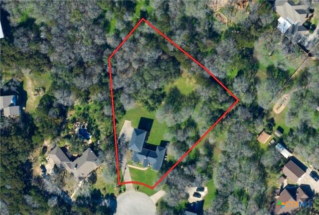 514 Duncan Dr, San Marcos, TX 78666 - aerial perspective of suburban area featuring property parcel outlined