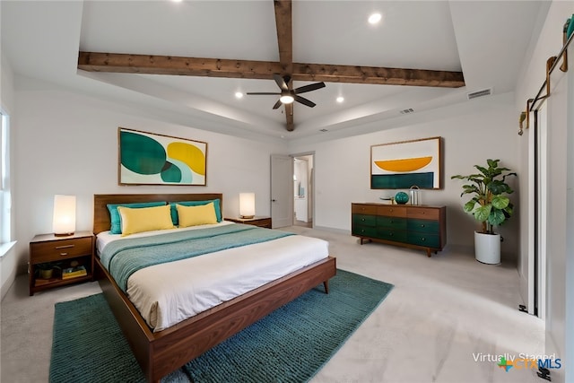 bedroom with beam ceiling, carpet flooring, visible vents, and recessed lighting