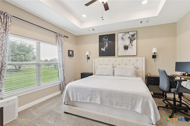 304 Campo Colinas Dr, Bertram, TX 78605 - carpeted bedroom with a tray ceiling, multiple windows, recessed lighting, and ceiling fan