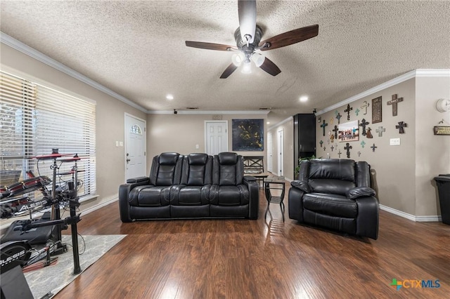 living room featuring crown molding, dark hardwood / wood-style floors, and a textured ceiling