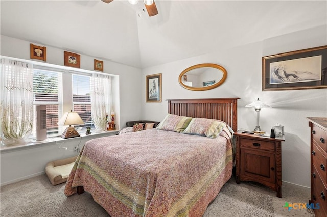 128 Riverhill Dr, Georgetown, TX 78628 - bedroom featuring carpet, lofted ceiling, baseboards, and ceiling fan