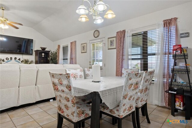 2416 Griffin Dr, Copperas Cove, TX 76522 - dining space featuring a chandelier, light tile patterned floors, ceiling fan, and vaulted ceiling