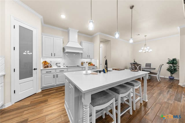 kitchen with white cabinetry, hardwood / wood-style flooring, sink, and custom exhaust hood