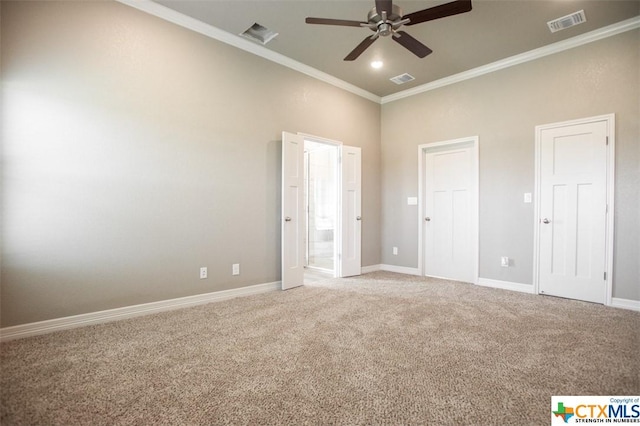 1027 Winchester Dr, Nolanville, TX 76559 - unfurnished bedroom with crown molding, light carpet, baseboards, connected bathroom, and a ceiling fan