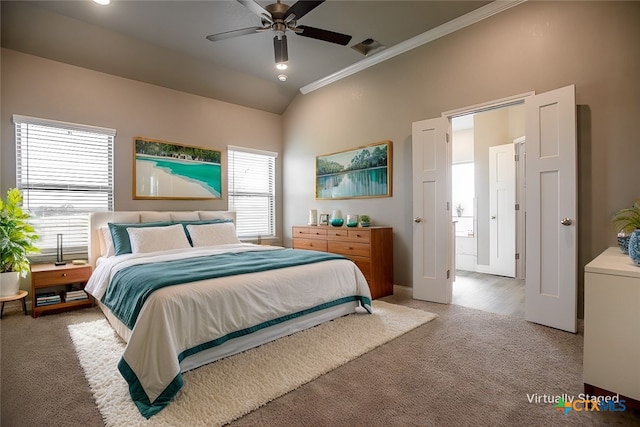 1027 Winchester Dr, Nolanville, TX 76559 - bedroom with carpet floors, ornamental molding, vaulted ceiling, and a ceiling fan