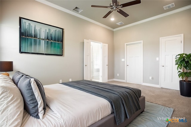 bedroom featuring ornamental molding, carpet, and ceiling fan