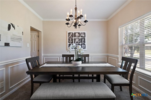 2109 Grizzly Trl, Harker Heights, TX 76548 - dining room featuring healthy amount of natural light, a chandelier, crown molding, carpet flooring, and a decorative wall