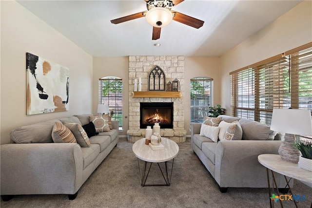 2109 Grizzly Trl, Harker Heights, TX 76548 - living room with a ceiling fan, a fireplace, and carpet flooring