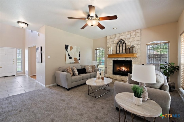 2109 Grizzly Trl, Harker Heights, TX 76548 - living area with plenty of natural light, a fireplace, ceiling fan, and carpet flooring