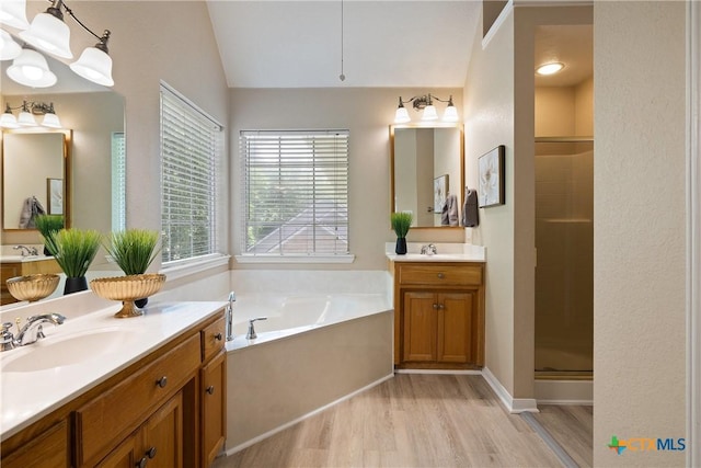 2109 Grizzly Trl, Harker Heights, TX 76548 - full bath featuring wood finished floors, lofted ceiling, a bath, two vanities, and a stall shower