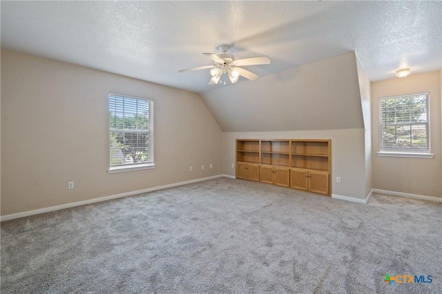 2109 Grizzly Trl, Harker Heights, TX 76548 - bonus room with plenty of natural light, ceiling fan, carpet, baseboards, and a textured ceiling