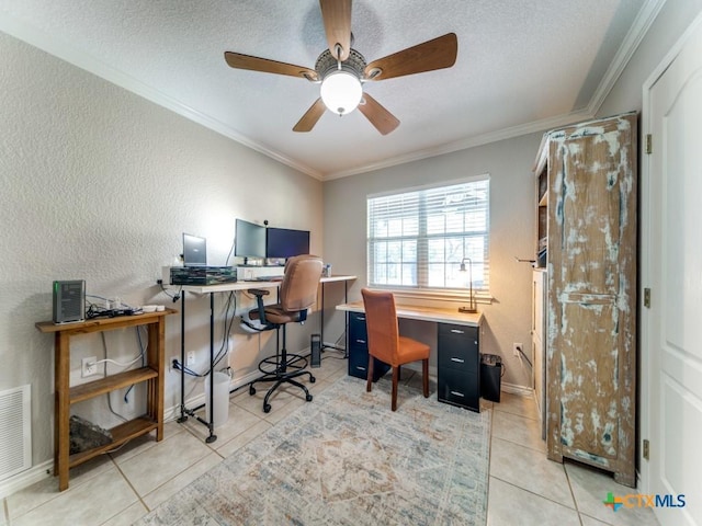 tiled office space with ceiling fan and crown molding