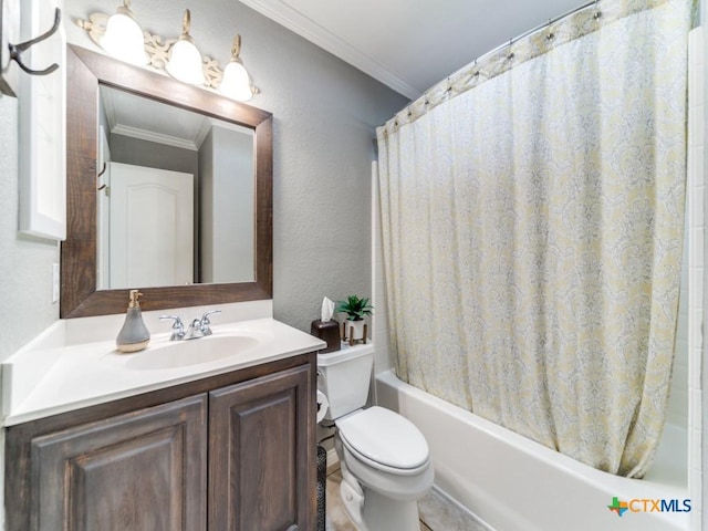 full bathroom featuring shower / bath combo, vanity, toilet, and ornamental molding