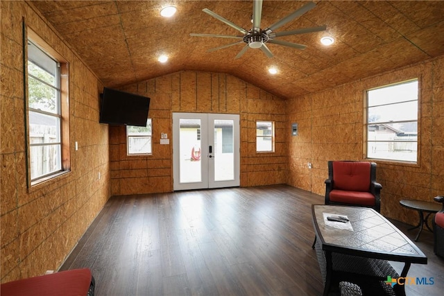 unfurnished room with a healthy amount of sunlight, dark hardwood / wood-style flooring, french doors, and vaulted ceiling