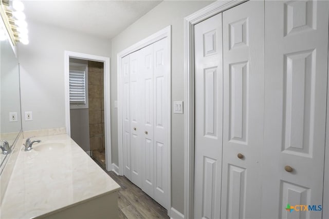 bathroom with hardwood / wood-style floors and vanity